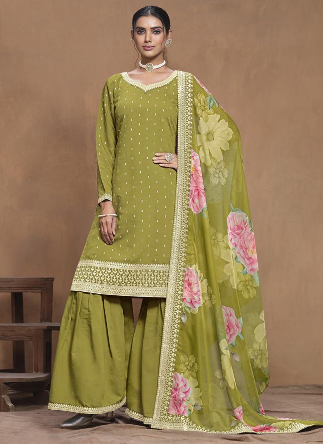 Roman Silk Parrot Green Party Wear Printed Sharara Suit